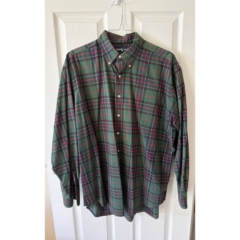 Vintage Ralph Lauren Blake‎ Shirt Mens XL Green Plaid Cotton Long Sleeve